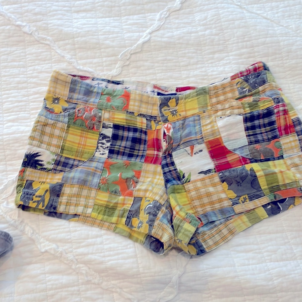 Lucy Love Multicolor Patchwork Plaid Athletic Shorts - Yellow, Blue, Green, Red